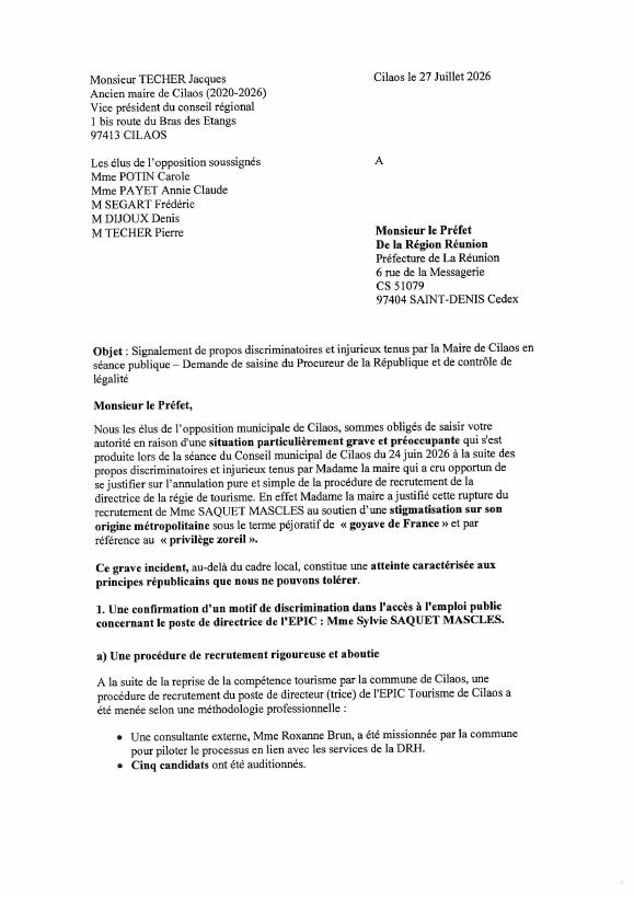 Courrier des élus de l’opposition de Cilaos au préfet de La Réunion, 27 juillet 2026.