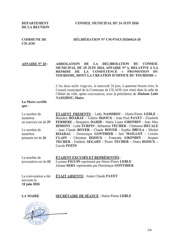 Délibération du conseil municipal de Cilaos du 24 juin 2026 abrogeant la reprise de la compétence tourisme.