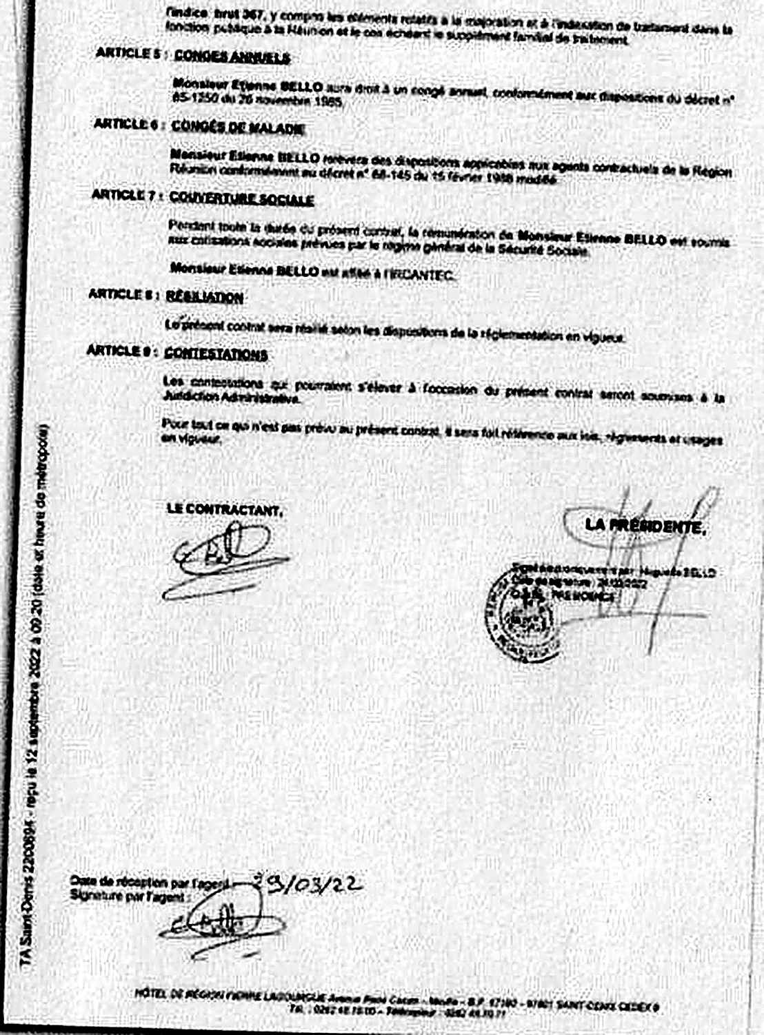 Le contrat d’Étienne Bello, neveu d’Huguette Bello, embauché au lycée de Bois-d’Olives — signé par la présidente de Région.