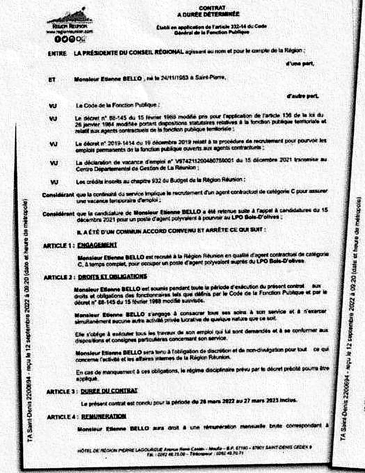 Contrat d’Étienne Bello (page 1).
