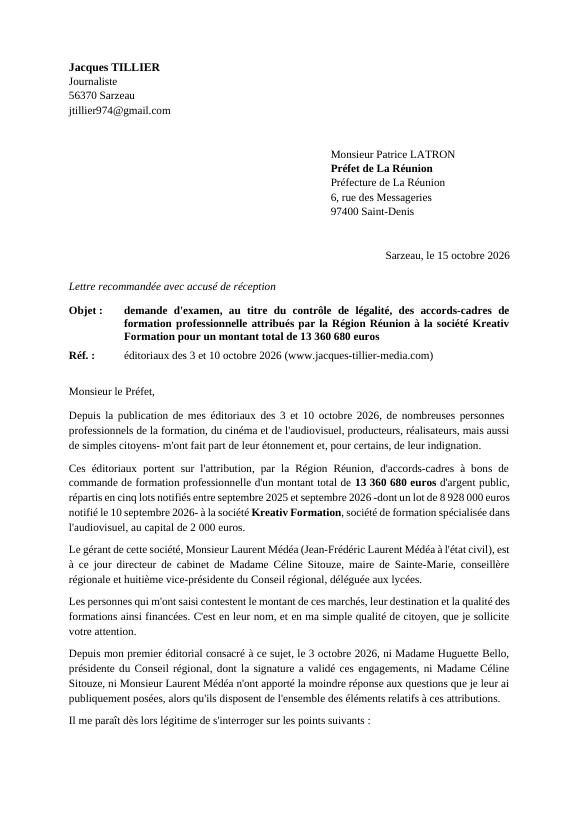 Lettre de Jacques Tillier au préfet de La Réunion, 15 octobre 2026, demandant l’examen au titre du contrôle de légalité des accords-cadres attribués à Kreativ Formation.
